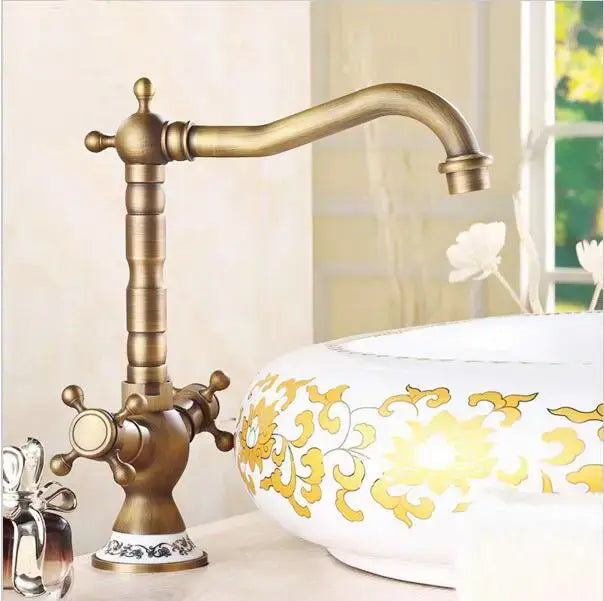 Antique brass porcelain basin mixer with single handle and ornate vintage design for bathroom or kitchen use