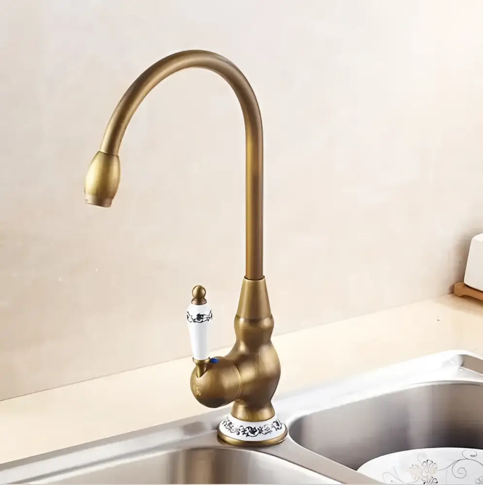 Decorbites™ antique brass porcelain basin mixer kitchen faucet with white ceramic handle and blue floral patterns
