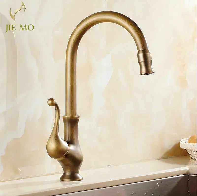 Decorbites antique brass porcelain basin mixer kitchen faucet with curved spout and ornate teardrop handle