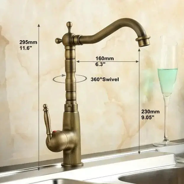Decorbites™ antique brass porcelain basin mixer with ornate design and 360 degree swivel kitchen faucet functionality