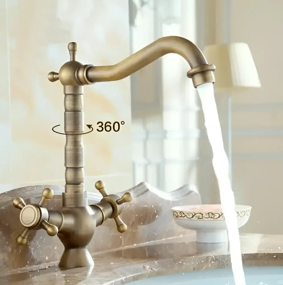 DecorBites antique brass porcelain basin mixer kitchen faucet with curved spout and two cross-handle controls
