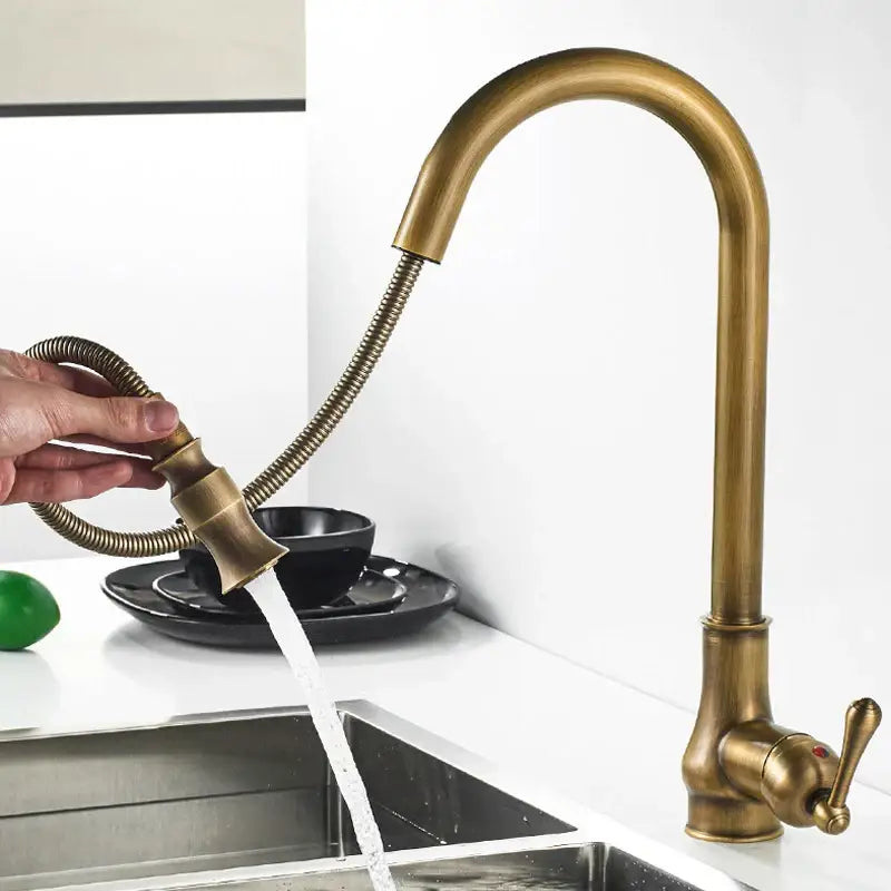 Decorbites antique brass pull kitchen faucet with flexible gooseneck spout and pull out stream sprayer head