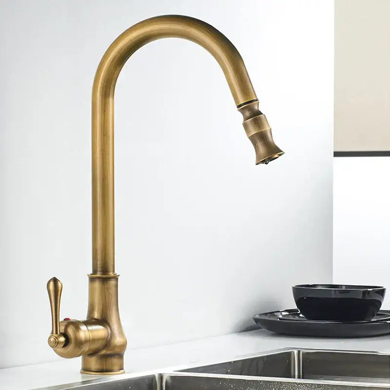 Decorbites antique brass pull kitchen faucet with curved spout lever handle and stream sprayer head in brass pull finish