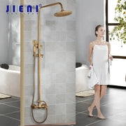 Decorbites antique brass rainfall shower faucet set with gold-finished brass rainhead and handheld spray nozzle shower faucet set