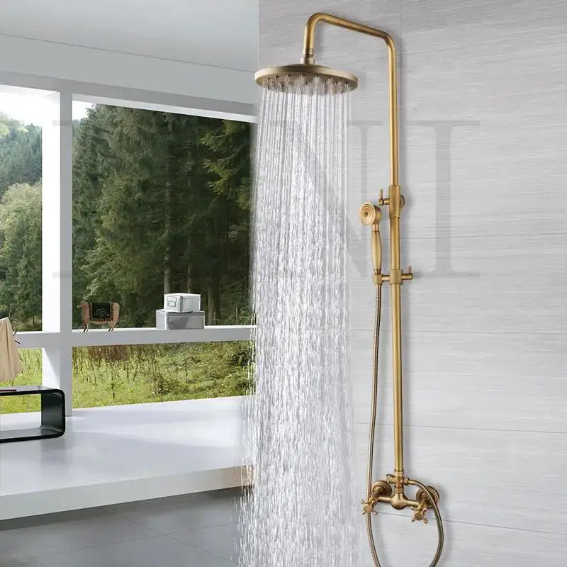 DecorBites antique brass shower faucet set with rainfall shower head handheld spray and control valves in brass finish