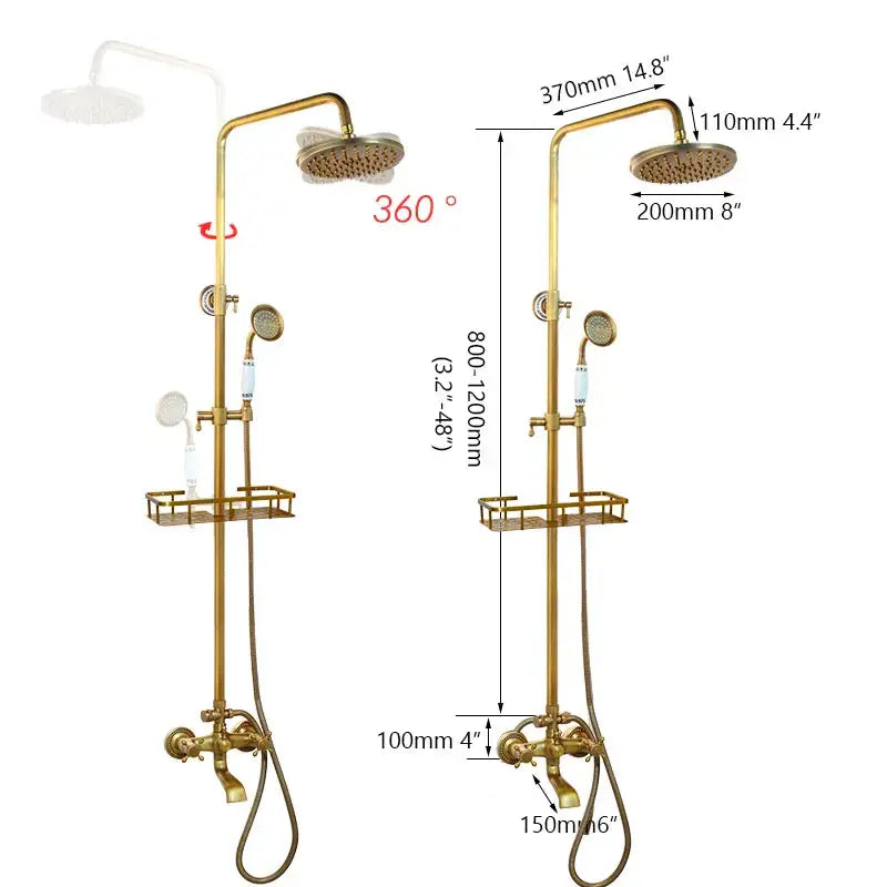 Brass-finished shower faucet set decorbites antique brass rainfall with main rainhead handheld sprayer and integrated shelf