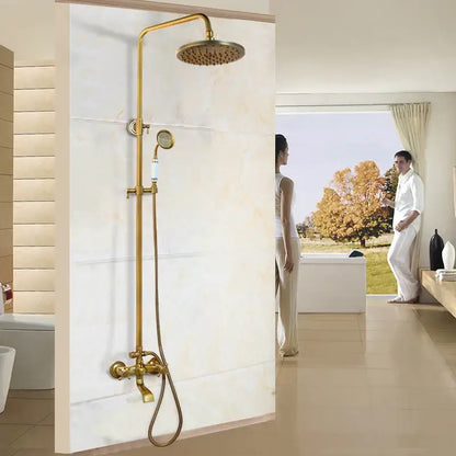 Decorbites antique brass rainfall shower faucet set with round rainhead and handheld nozzle two functions faucet set