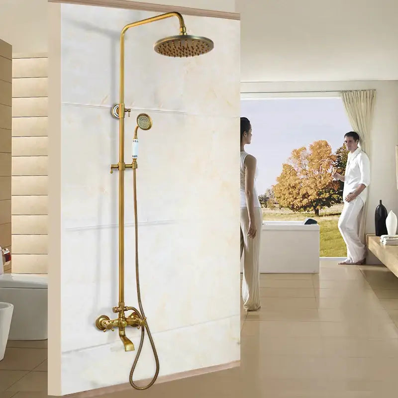 Decorbites antique brass rainfall shower faucet set with round rainhead and handheld nozzle two functions faucet set