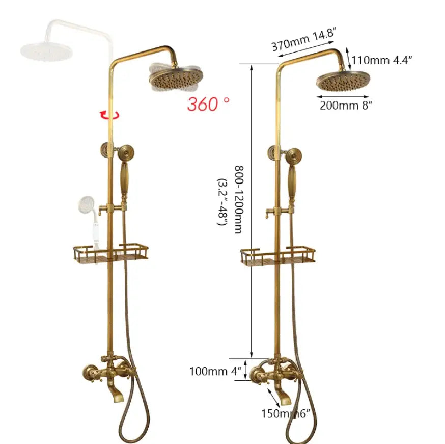 Brass-finished decorbites antique brass rainfall shower faucet set with fixed rainhead handheld spray and wire rack shelf
