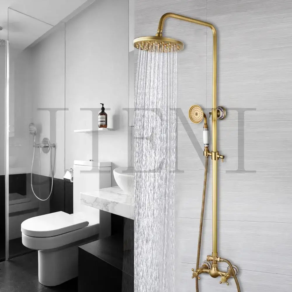 Decorbites antique brass rainfall shower faucet set with 2 functions featuring brass-finished shower faucet and handheld sprayer