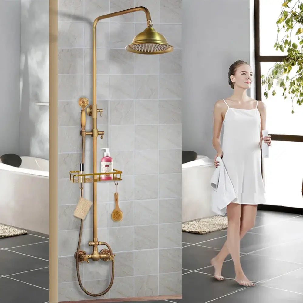 Brass-finished DecorBites™ antique brass rainfall shower faucet set with rainhead handheld sprayer and integrated shelf