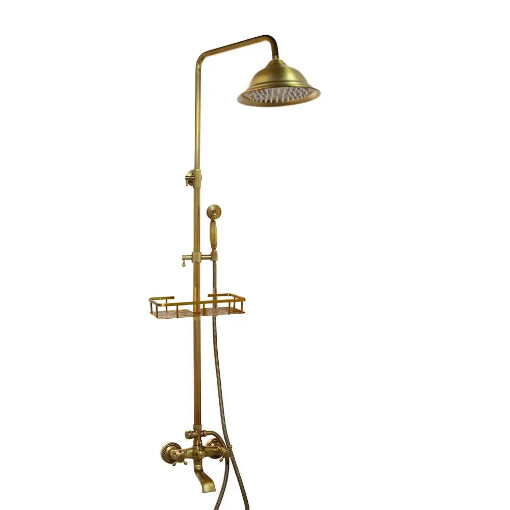 Decorbites antique brass rainfall shower faucet set with two functions includes overhead rainhead handheld sprayer and wire rack