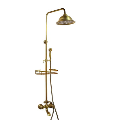 Decorbites antique brass rainfall shower faucet set with two functions includes overhead rainhead handheld sprayer and wire rack