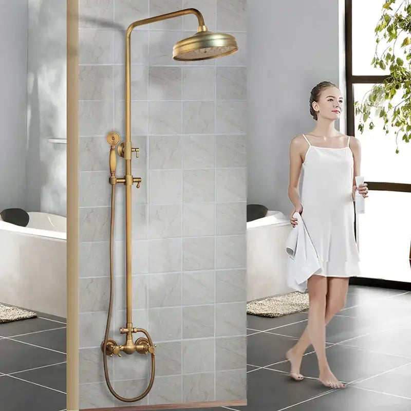 Decorbites antique brass rainfall shower faucet set with 2 functions featuring brass-finished shower faucet and handheld shower