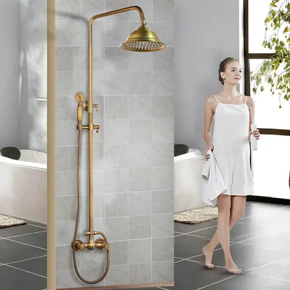 DecorBites antique brass rainfall shower faucet set with two functions includes brass-finished shower head and handheld sprayer
