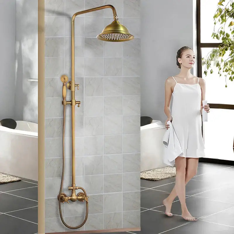 DecorBites antique brass rainfall shower faucet set with two functions includes brass-finished shower head and handheld sprayer