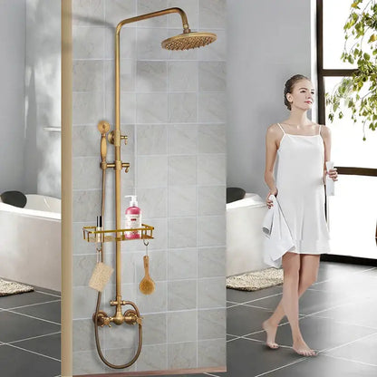 DecorBites antique brass shower faucet set with rainhead, handheld sprayer, and integrated shelf in brass finish