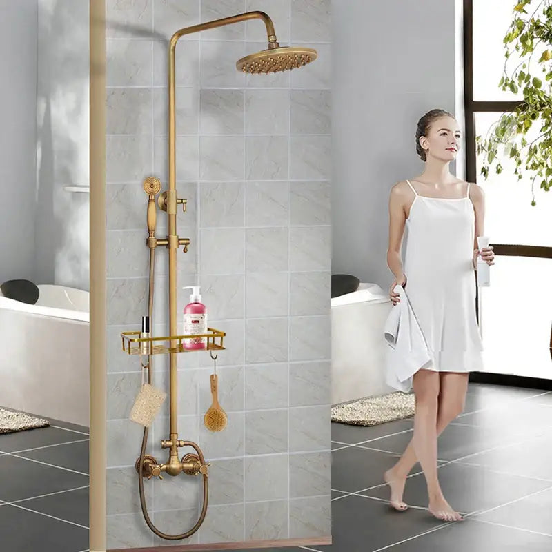 DecorBites antique brass shower faucet set with rainhead, handheld sprayer, and integrated shelf in brass finish