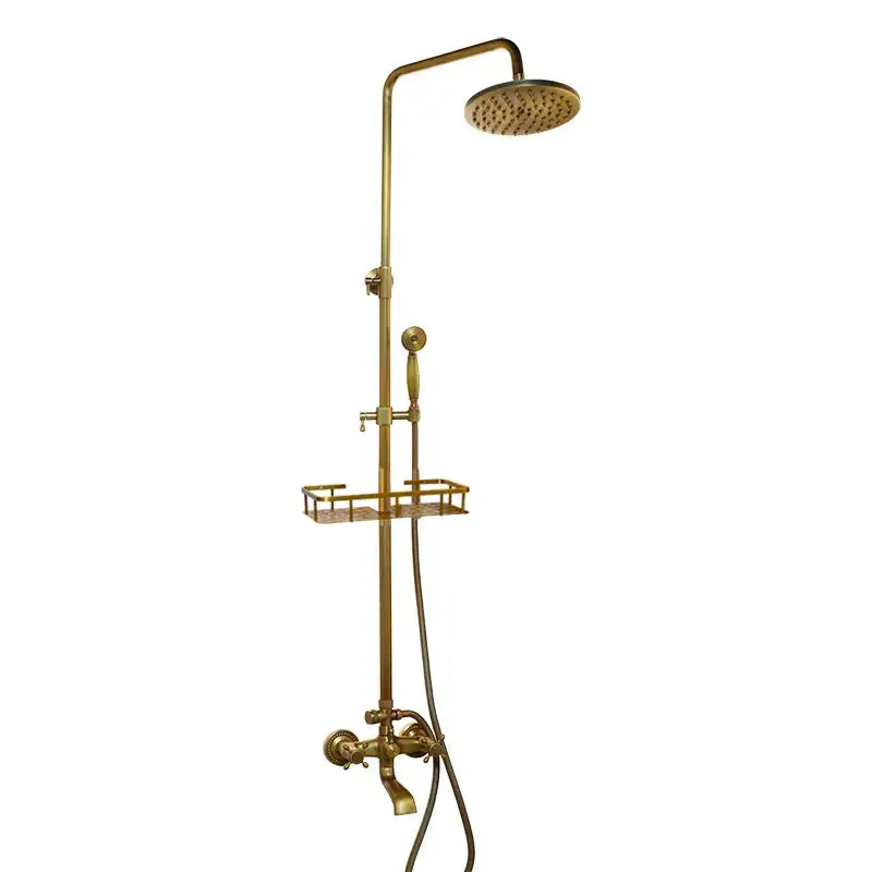 Brass-finished DecorBites antique brass rainfall shower faucet set with round rainhead handheld spray and wire rack shelf