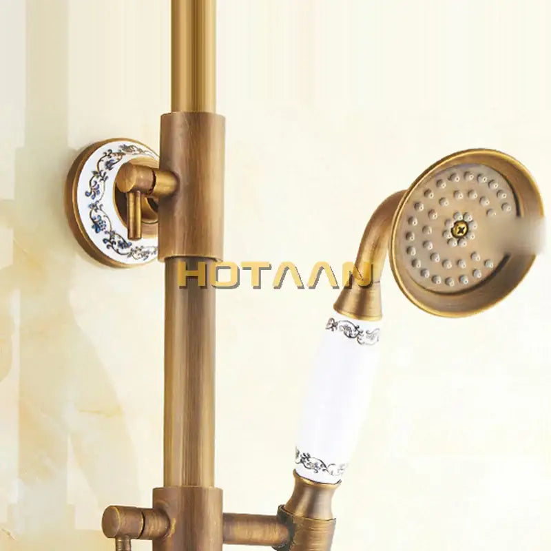 Decorbites antique brass rainfall shower faucet set with ceramic handle and porcelain accents in shower faucet set