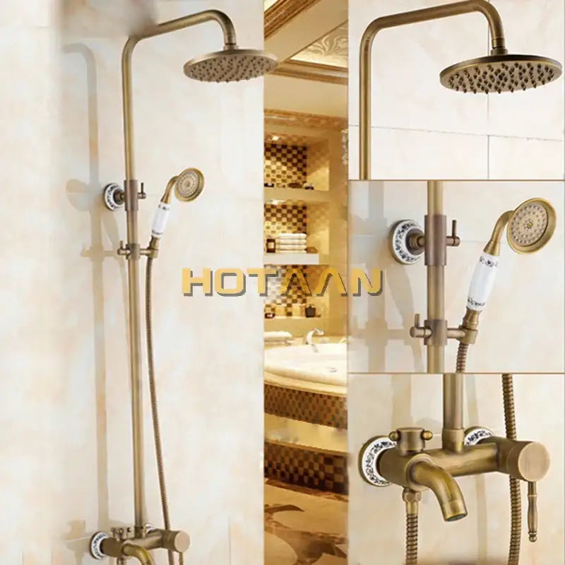Decorbites antique brass shower faucet set with fixed rainhead handheld spray and porcelain knobs in brass finish