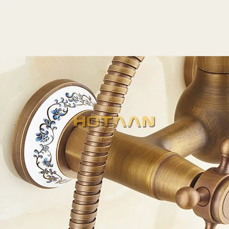 Decorbites™ antique brass shower faucet set with white ceramic base blue floral pattern and flexible braided hose