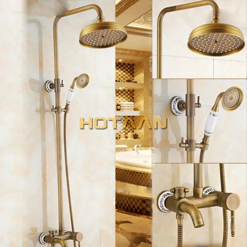 DecorBites antique brass rainfall shower faucet set with round rainhead handheld nozzle and porcelain decorative knobs