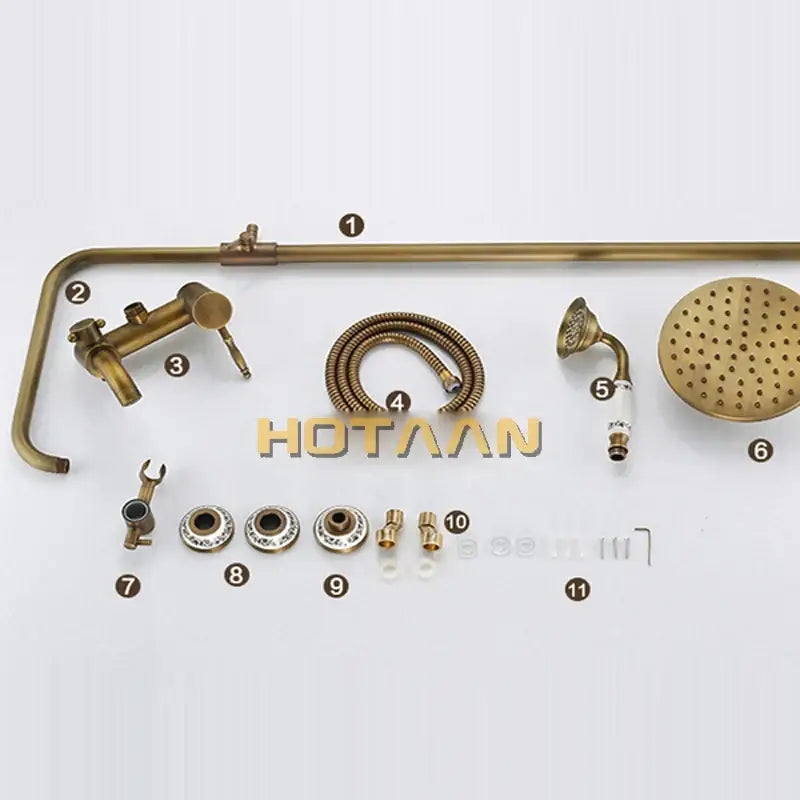 DecorBites™ antique brass shower faucet set with curved pipe handheld spray head and round rainhead in brass finish