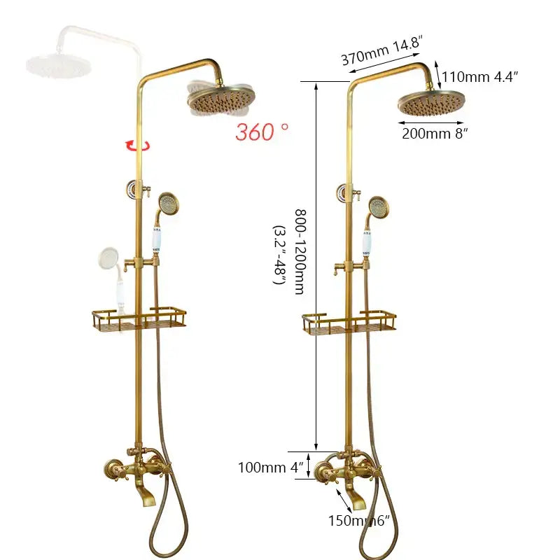 Decorbites™ antique brass rainfall shower faucet set with handshower and integrated shelf features brass finish
