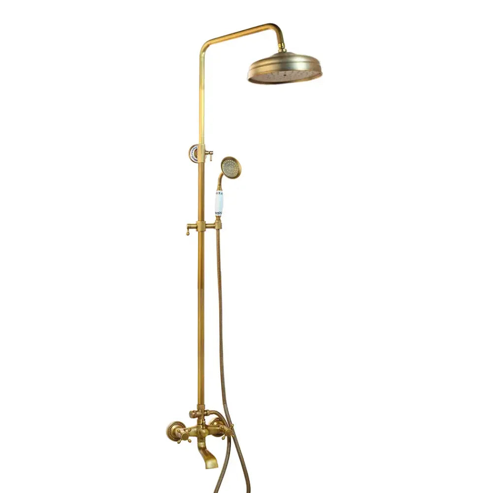 Decorbites antique brass shower faucet set with rainfall showerhead handheld spray nozzle and built-in shelf