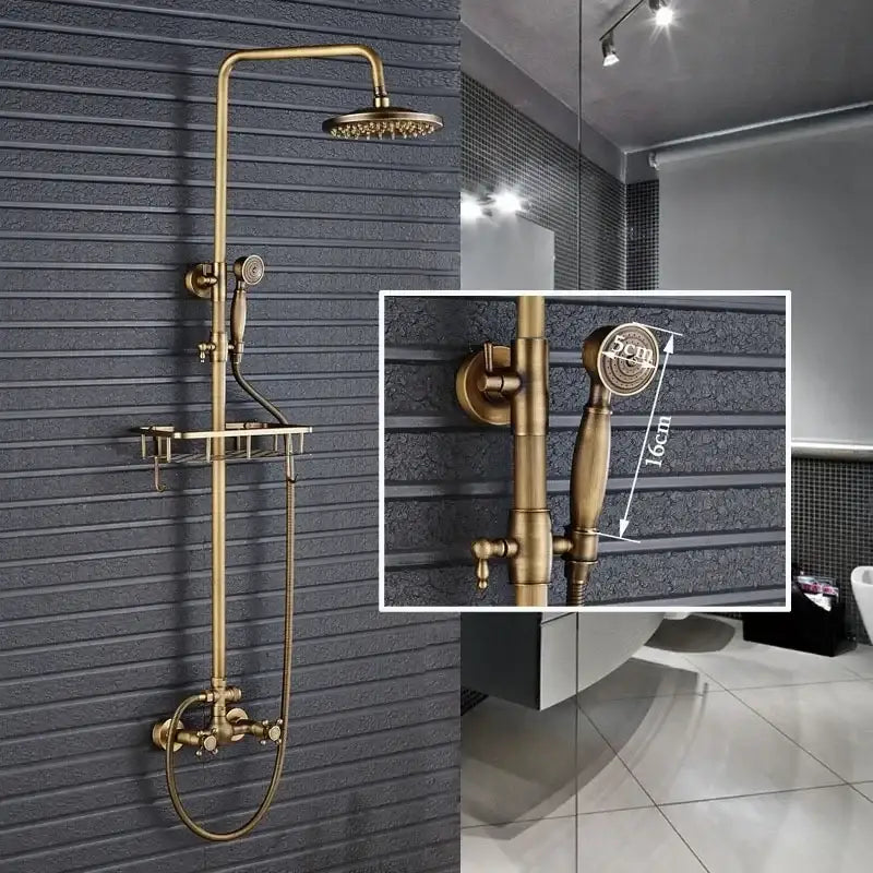 DecorBites antique brass shower faucet set with rainfall showerhead handheld sprayer and integrated wall shelf