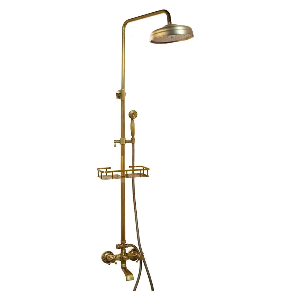 Decorbites antique brass rainfall shower faucet set with round rainhead handheld sprayer and integrated shelf