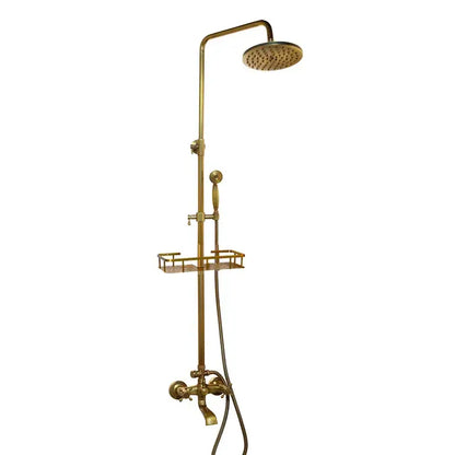 Brass-finished DecorBites antique brass rainfall shower faucet set with round rainhead handheld spray and integrated shelf