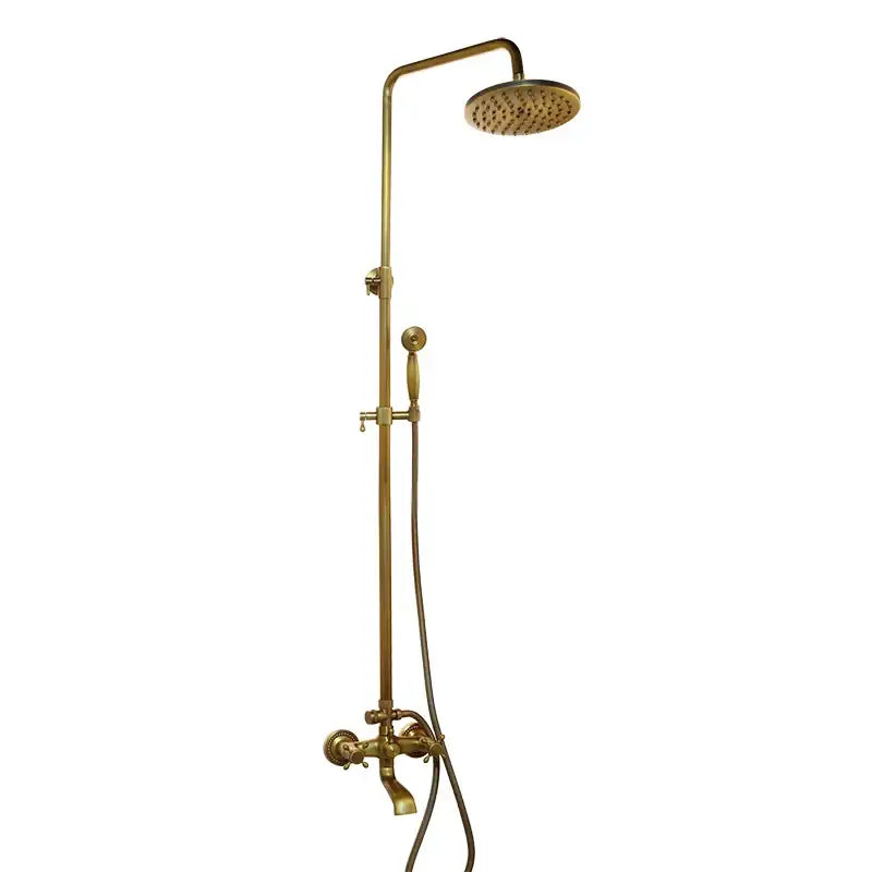 DecorBites antique brass shower faucet set with rainfall shower and handheld spray nozzle in brass finish