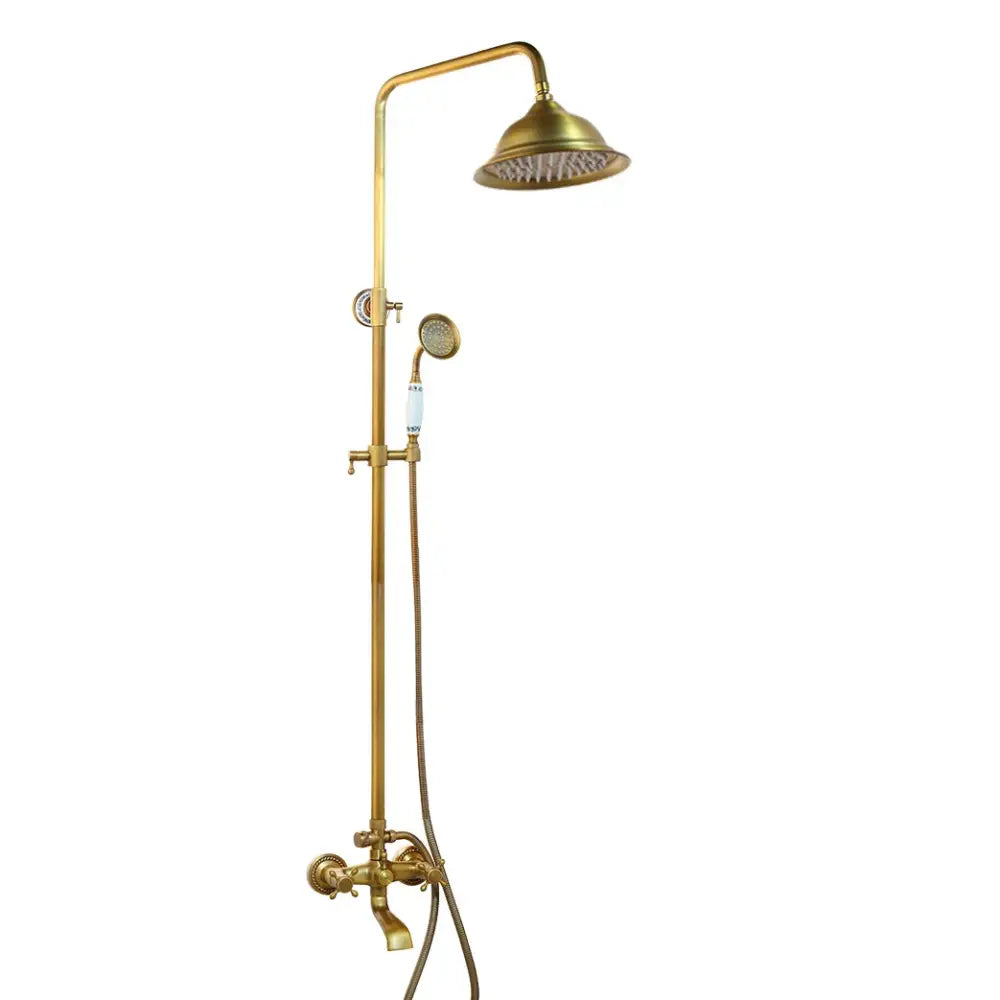 DecorBites antique brass shower faucet set with rainfall showerhead handheld spray nozzle and shelf in vintage style