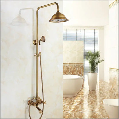 DecorBites™ antique brass shower faucet set with rainfall shower, tall curved arm, detachable handheld nozzle, and shelf