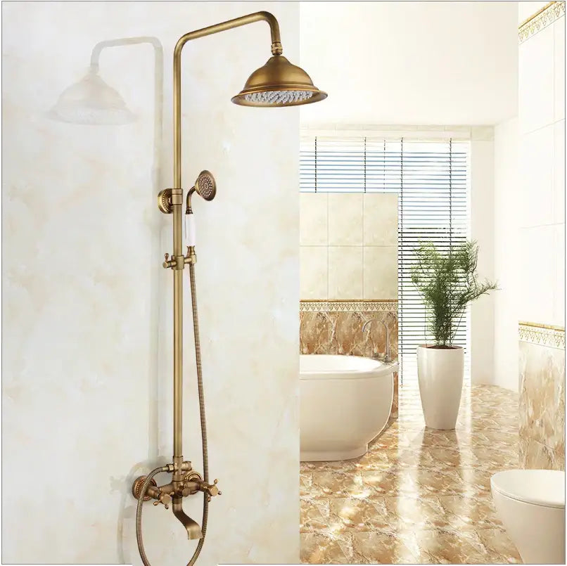 DecorBites™ antique brass shower faucet set with rainfall shower, tall curved arm, detachable handheld nozzle, and shelf