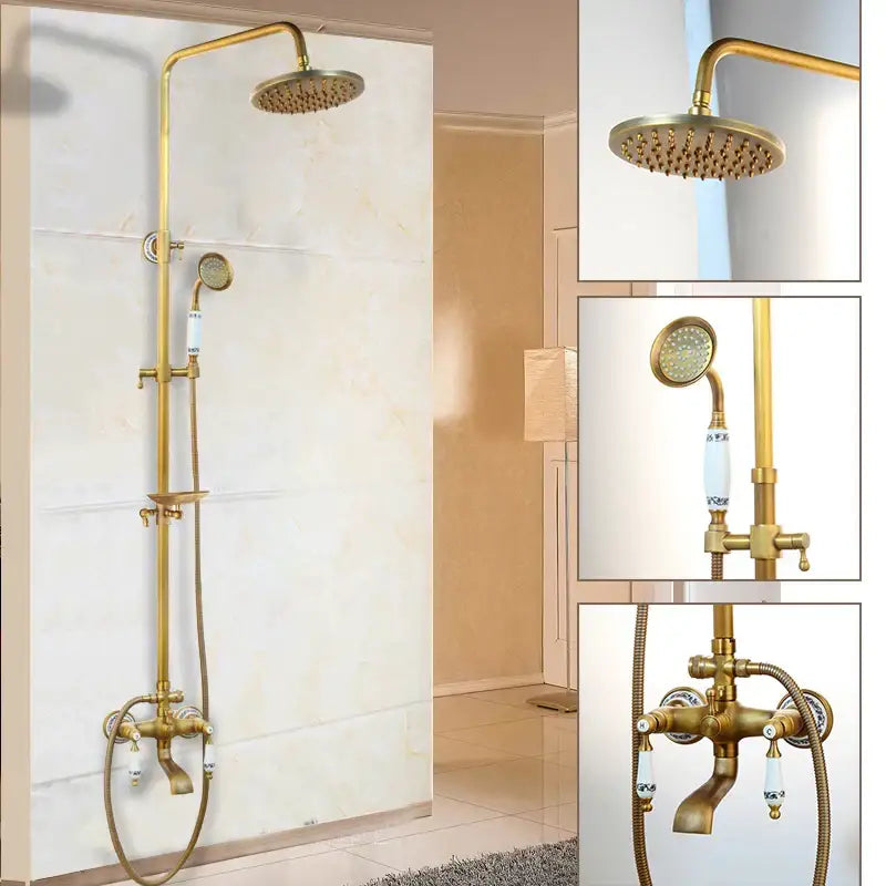 Brass-finished DecorBites antique brass rainfall shower faucet set with round rainhead ceramic knobs and handheld spray