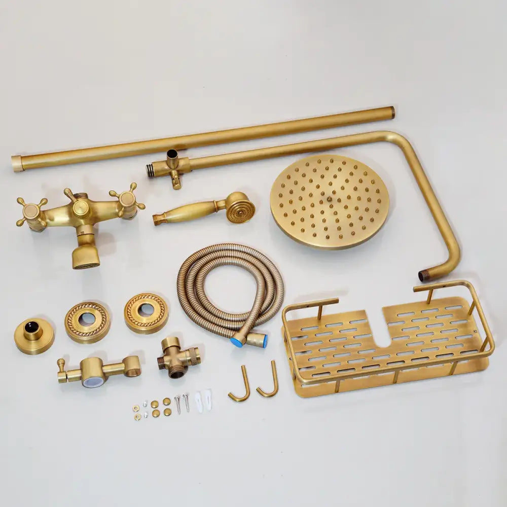 Decorbites antique brass rainfall shower faucet set with gold-toned brass rainhead handheld sprayer and shelf