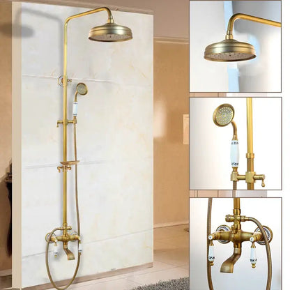 Decorbites antique brass rainfall shower faucet set with large overhead rainhead handheld spray and blue floral ceramic knobs
