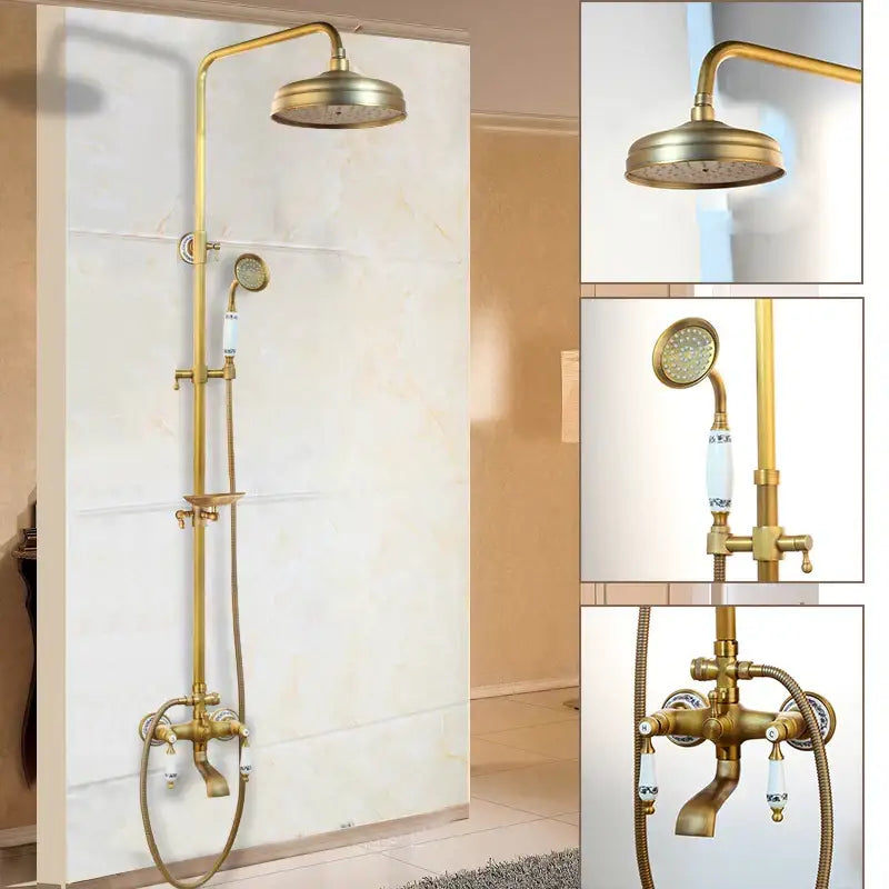 Decorbites antique brass rainfall shower faucet set with large overhead rainhead handheld spray and blue floral ceramic knobs