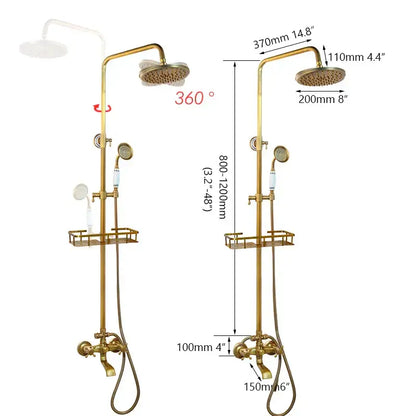 Brass-finished decorbites antique brass rainfall shower faucet set with main rainhead handheld sprayer and integrated shelf