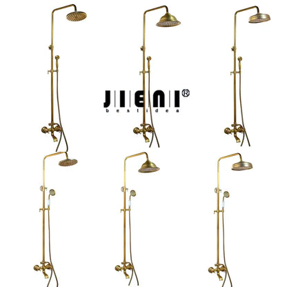 Six elegant brass-finished decorbites antique brass rainfall shower faucet sets with handheld sprayers in clean display