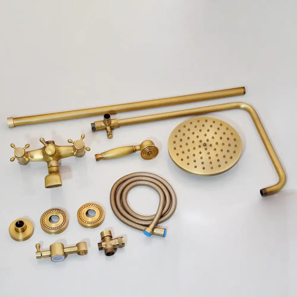 Decorbites antique brass rainfall shower faucet set with handshower shelf in gold-finished brass for luxury bathroom