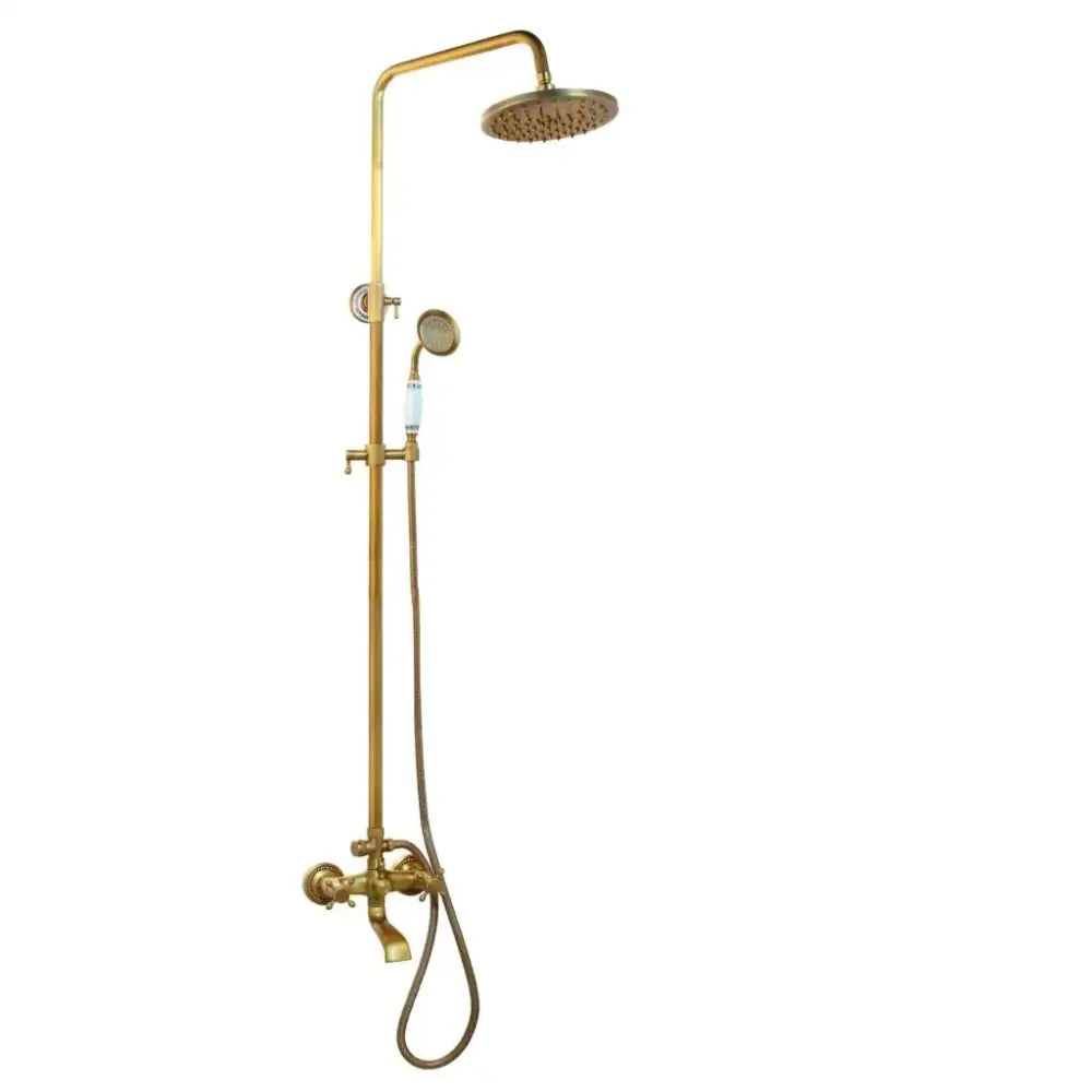 Brass-finished DecorBites antique brass rainfall shower faucet set with tall overhead rainhead handheld spray nozzle and shelf