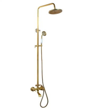 Brass-finished DecorBites antique brass rainfall shower faucet set with tall overhead rainhead handheld spray nozzle and shelf