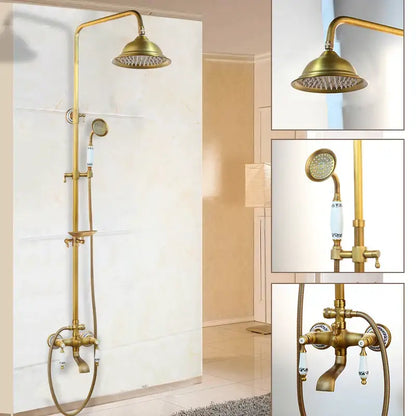 DecorBites antique brass rainfall shower faucet set with ceramic knob details and handheld spray head with shelf
