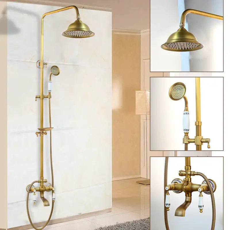 DecorBites antique brass rainfall shower faucet set with ceramic knob details and handheld spray head with shelf