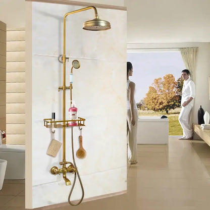 Decorbites antique brass shower faucet set with rainfall shower, handheld nozzle, and integrated shelf for toiletries