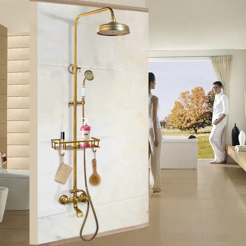 Decorbites antique brass shower faucet set with rainfall shower, handheld nozzle, and integrated shelf for toiletries